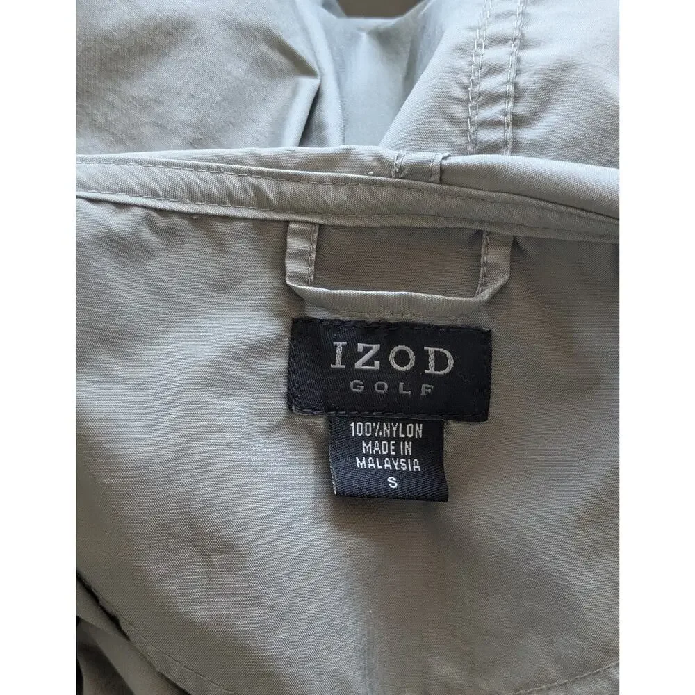 IZOD Golf Mens Windbreaker Jacket Large Green Hooded Multi Pocket Lightweight
